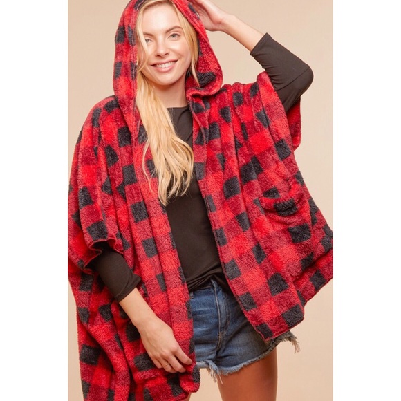 Red Plaid Sherpa Cardigan Open Front Hooded Relaxed Fit - Picture 10 of 11